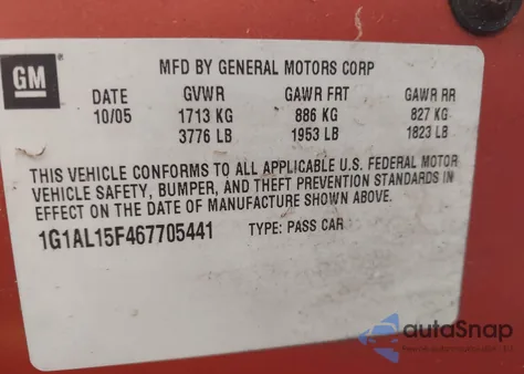 2006 Chevrolet Cobalt Lt z USA, uszkodzony, nr VIN 1G1AL15F467705441